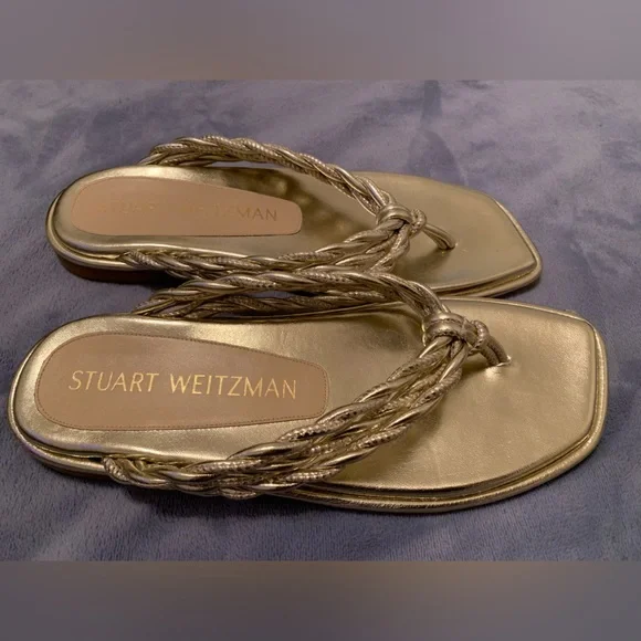 Stuart Weitzman Women’s Metallic Napa Woven Calypso Flat Sandals| size 8 1/2 - Picture 5 of 9